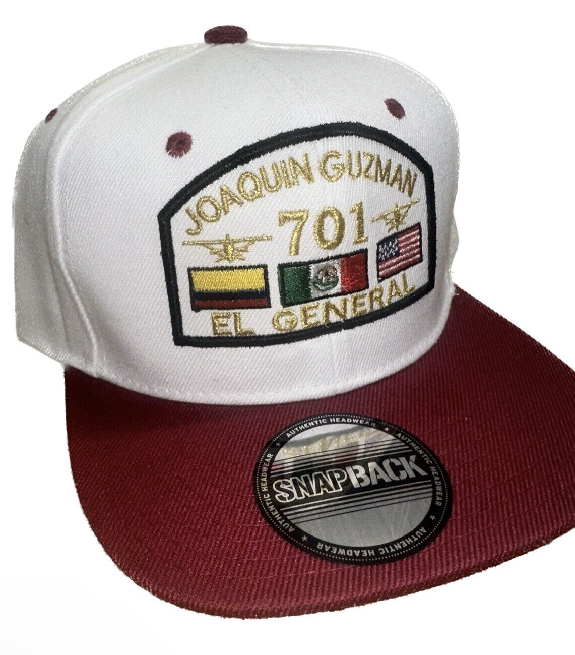 JGL Joaquín Guzmán El General 701 Custom Embroidered White/Red SnapBack